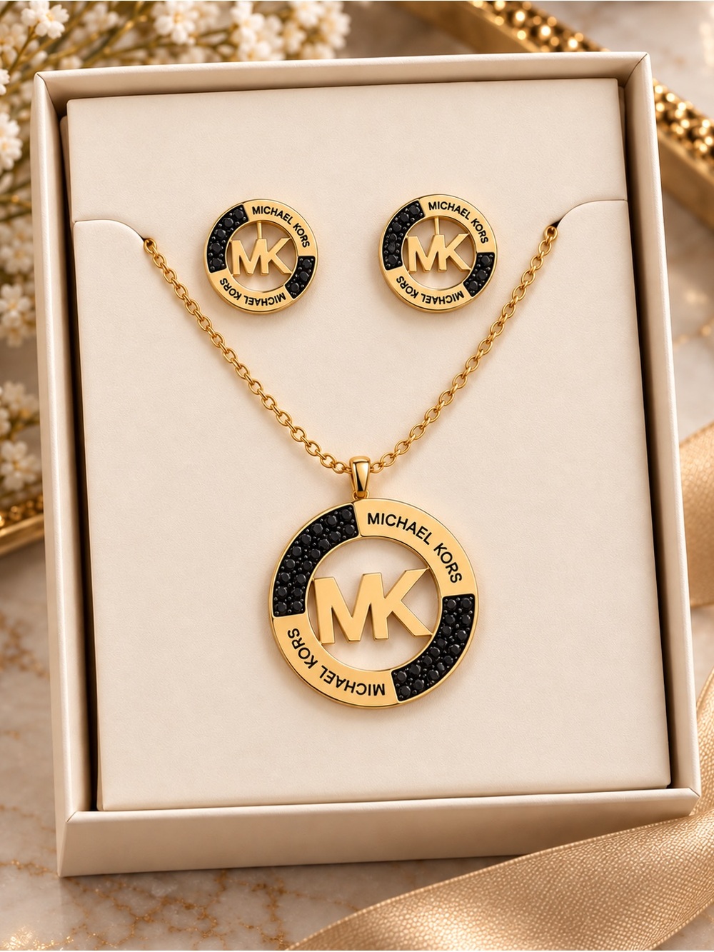 Michael Kors Gold-Tone MK Logo Necklace and Stud Earrings with Black Pavé